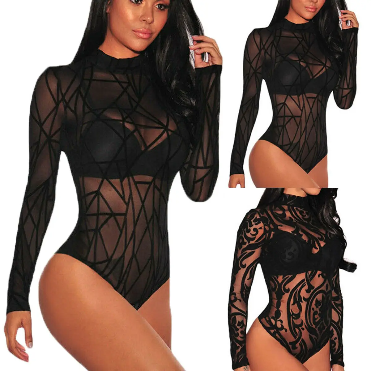 

Women Sexy Sheer Mesh Lace Jumpsuit Long Sleeve Top Turtleneck Bodysuit Sexy Sleepwear Bodysuits Women's Clothing Rompers