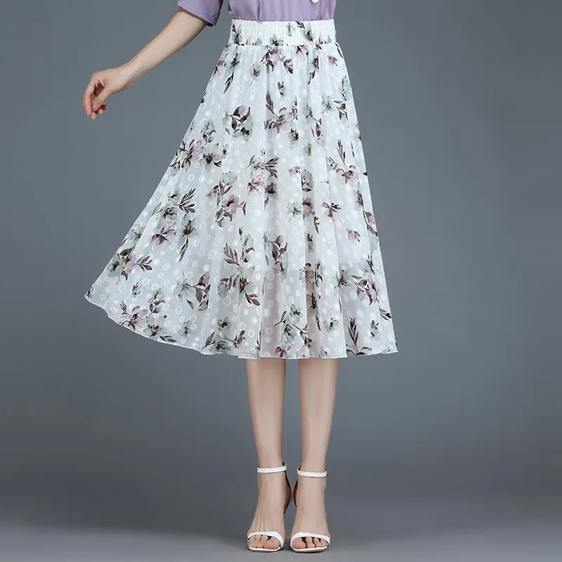 

2021 Summer New Chiffon Floral Mid-long Pleated Skirt for Women Fashion Elegant Big Swing Print Loose Casual Woman Skirts 6702
