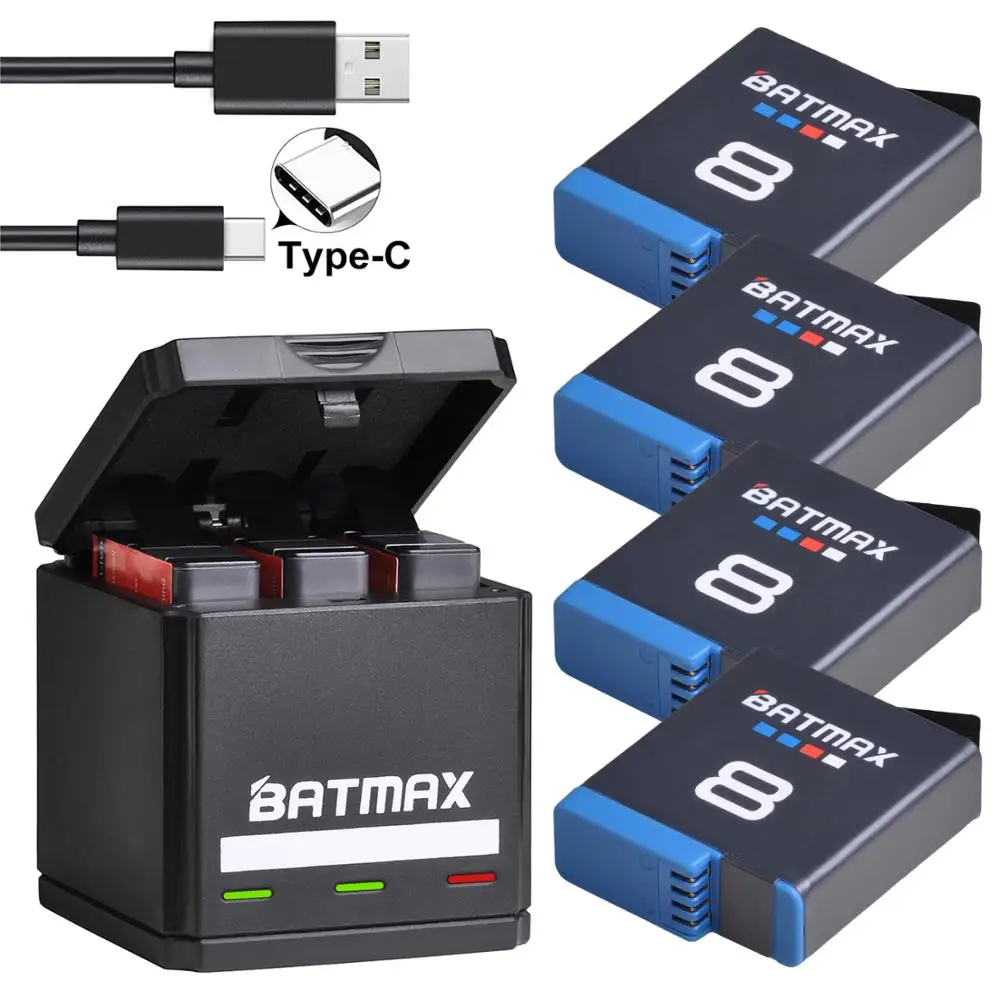 Аккумулятор Batmax для экшн камеры GoPro 8 тройное Зарядное устройство USB с портом Type C