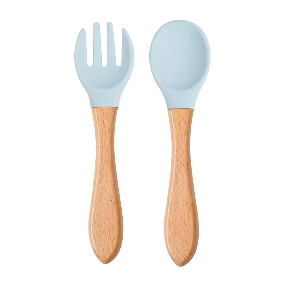 2 piezas cuchara de silicona para beb&eacute;s tenedor mango de madera cubiertos de Color para alimentos para beb&eacute;s cuchara de caramelo de silicona suave conjunto de alimentaci&oacute;n Z7B3-2