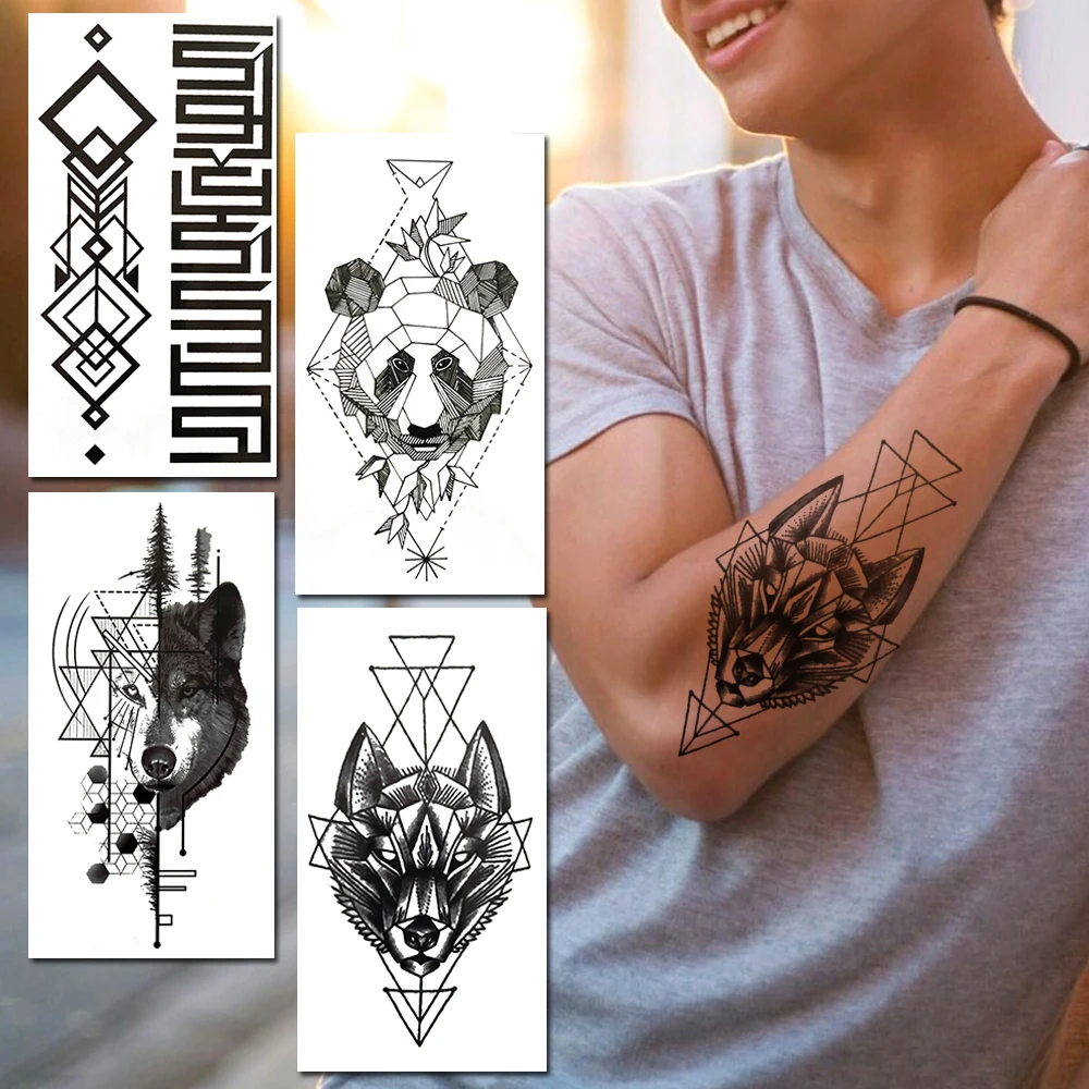 

Large Geometric Fake Temporary Tattoo For Men Women 3D Wolf Panda Tattoos Sticker Creative Black Waterproof Tatoos Body Painting