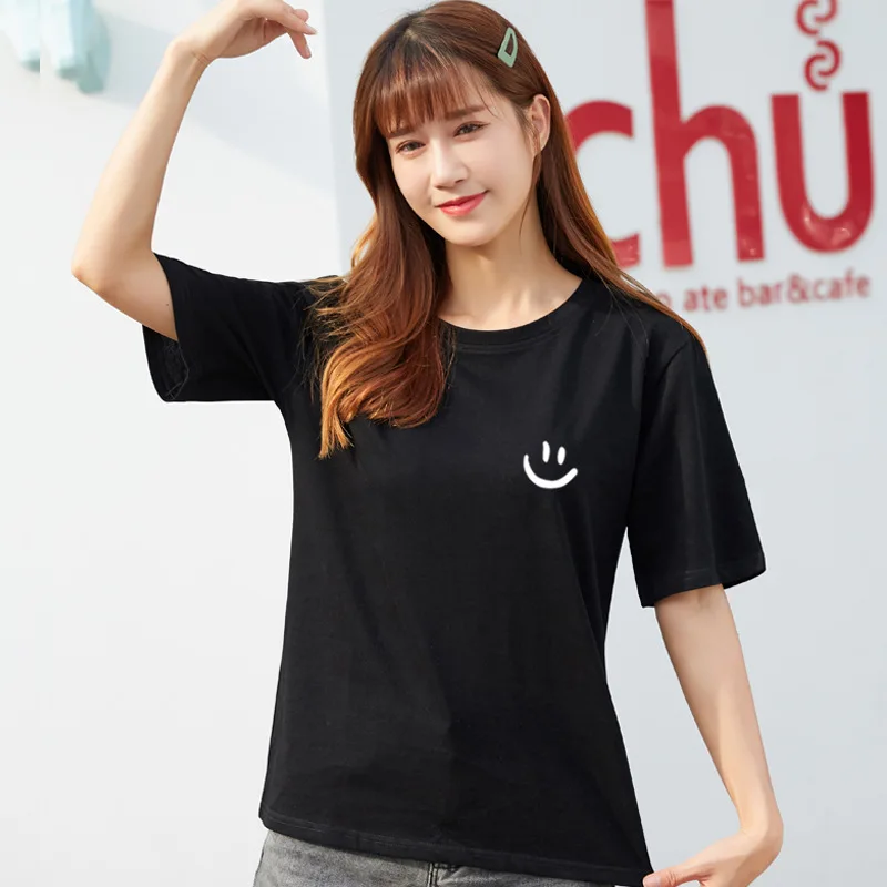 

New Simple Smiling Women's Cotton Short-sleeved T-shirt Women's 2021 Spring and Summer Korean Casual Loose T-shirt Woman