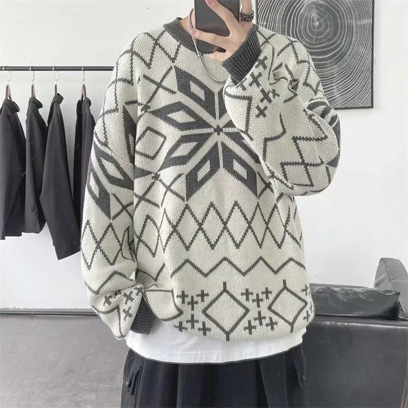 

Retro Sweater Men O-neck Casual Loose Long Sleeve Printed Geometry Pullover Autumn Winter Japanese Lazy Style Tops Male Clothes