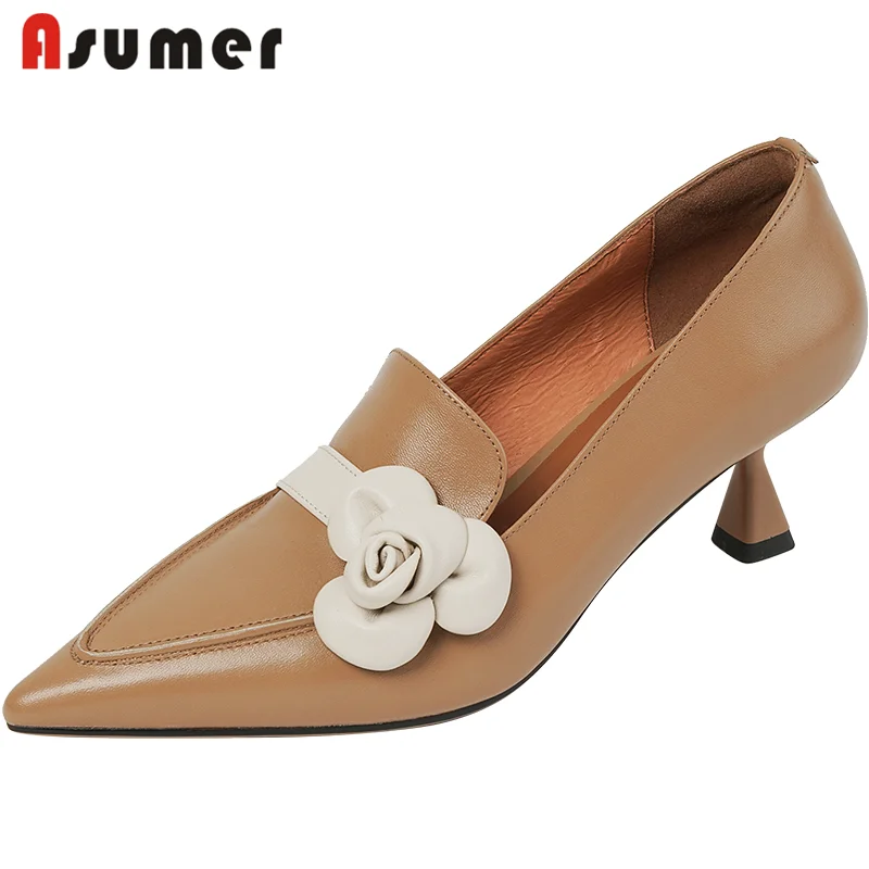 

ASUMER 2022 New Arrive Thin High Heels Women Genuine Leather Shoes Pointed Toe Flower Slip On Fashion Spring Women Pumps