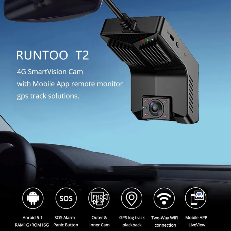 

RUNTOO 4G Android Dash Cam Wifi GPS Tracking Front and Rear Dual Lens Mini Car DVR Camera FHD 1080P Auto Driving Video Recorder