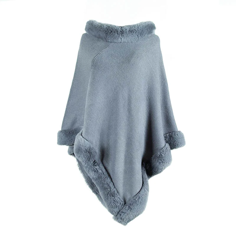 KALENMOS Autumn Winter Women O Neck Sweaters Cloak Ladies Fur Edge Round Pure Color Knitted Shawl Wraps Femme |