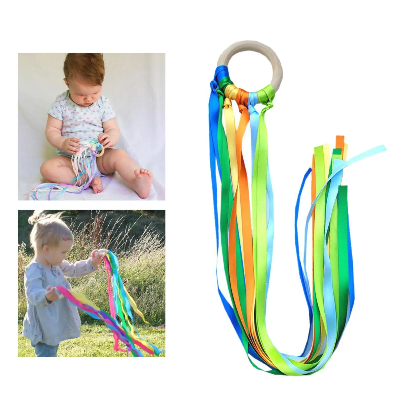 Baby Sensory Tow Rainbow Ribbon Rings Teether Pram Toy for Infant Early Development