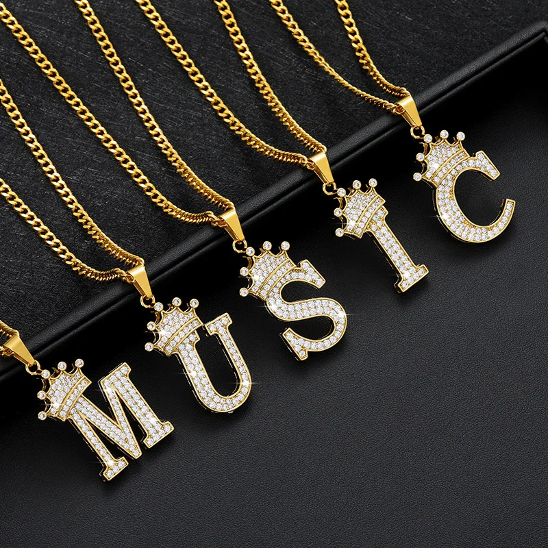 

New Luxury Alloy Zircon A-Z Crown Alphabet Pendant Chain Necklace Punk Hip-Hop Style Fashion Woman Man Intitial Name Jewelry