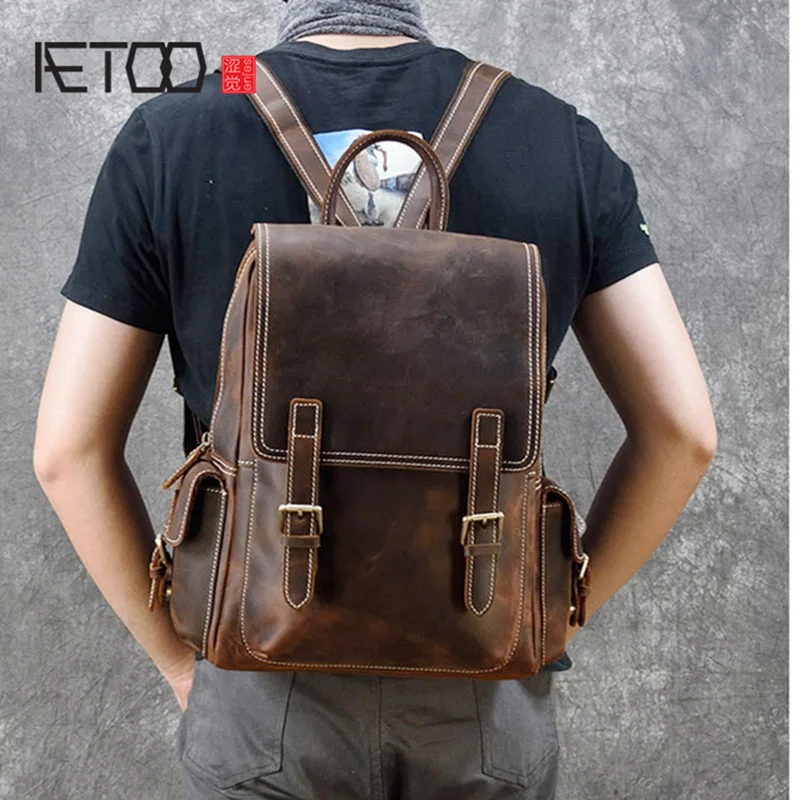 

AETOO Men's Crazy Horse Leather Backpack, Vintage Men's Leather Backpack, Cowhide Travel Bag