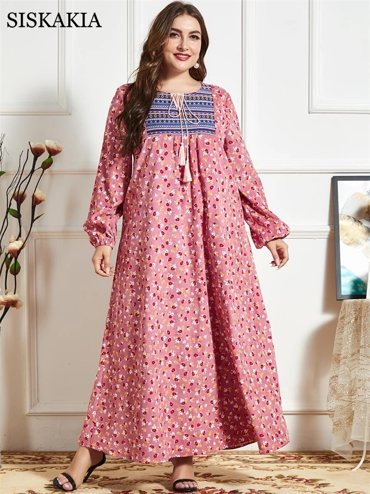 

Siskakia Pink Corduroy Ethnic Embroidery Maxi Dress for Women 2021 New Plus Size O Neck Long Sleeve Arabic Muslim Turkey Clothes