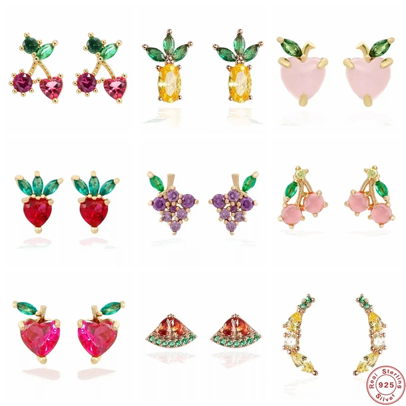 

BOAKO 925 Sterling Silver Fashion Fruit Zircon Summer Stud Earrings Pink/Red Ear Nail Ear Clip Earrings For Women Necklaces Gift