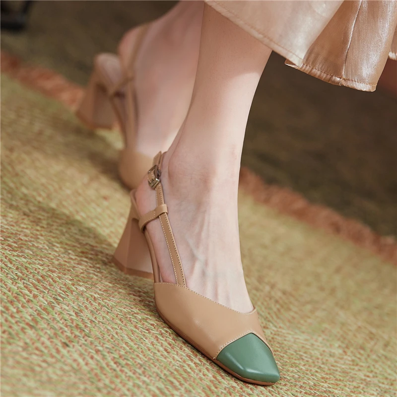 

COVIBESCO Genuine Leather Women Sandals Spring Summer Mixed Colors Pumps Fashion Concise Shallow Office Thick Heels Shoes Woman