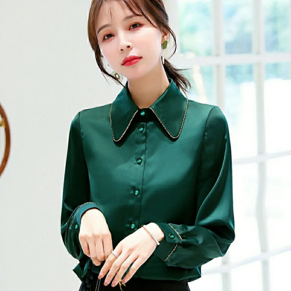 

Spring Fall Office Laides Women Green Wine Red Long Sleeve Imitation Silk Top Blouse , Woman Clothes , Patchwork Blouses