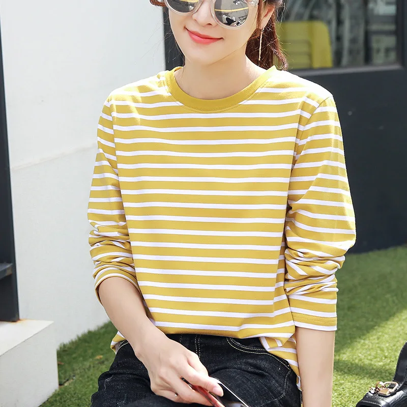 

Women's t-shirt long-sleeved 2021 autumn new cotton striped long-sleeved t-shirt women loose fashion bottoming shirt White