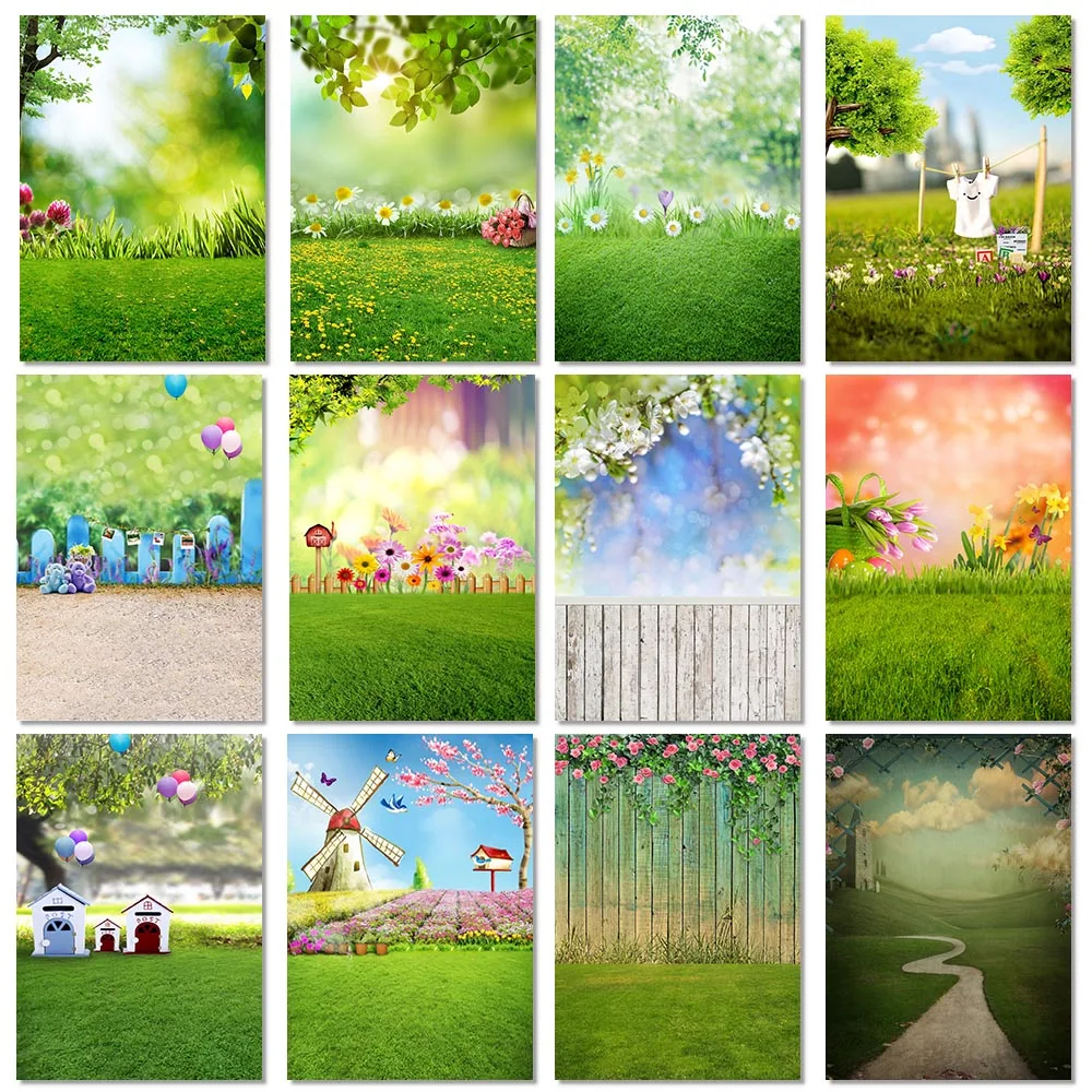 

Spring Flowers Backdrop Green Grass Bokeh Sky Photography Background Baby Kid Child Portrait Floral Photo Booth Studio Props