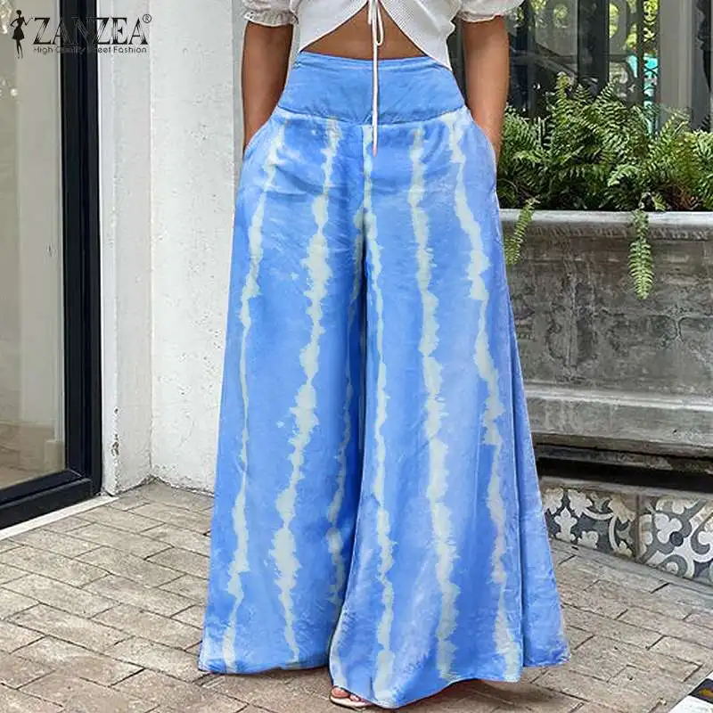 

2022 летние женские широкие брюки ZANZEA в полоску, модные повседневные эластичные брюки с высокой талией, брюки большого размера с карманами