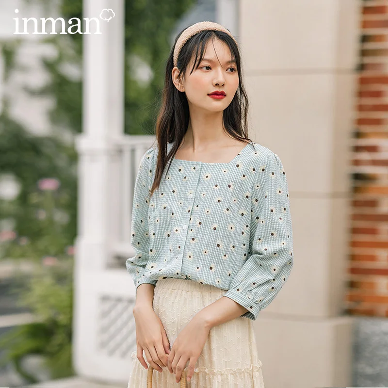 INMAN весенне-осенняя однобортная блузка в стиле ретро с квадратным воротником и
