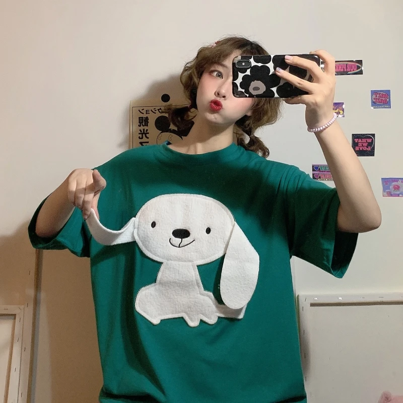 Oversized Short Sleeve Women'S T-Shirt 2021 Summer Dog Embroidery Top Female Fashion Clothes For Girls Camisetas