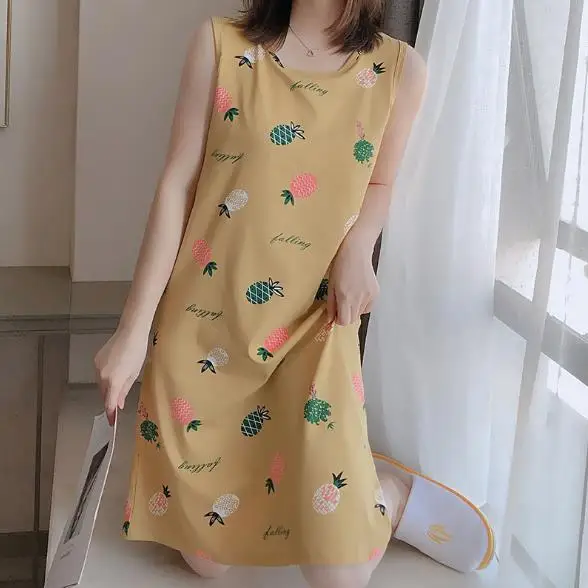 Женская ночная рубашка летнее Хлопковое платье-майка без рукавов Студенческая