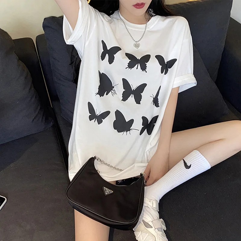 

Korea Ulzzang Butterfly Print Cute Summer Short Sleeve Tops Tees Casual Loose Big Size Fun Spoof Couple T-shirt Plus Size 2XL