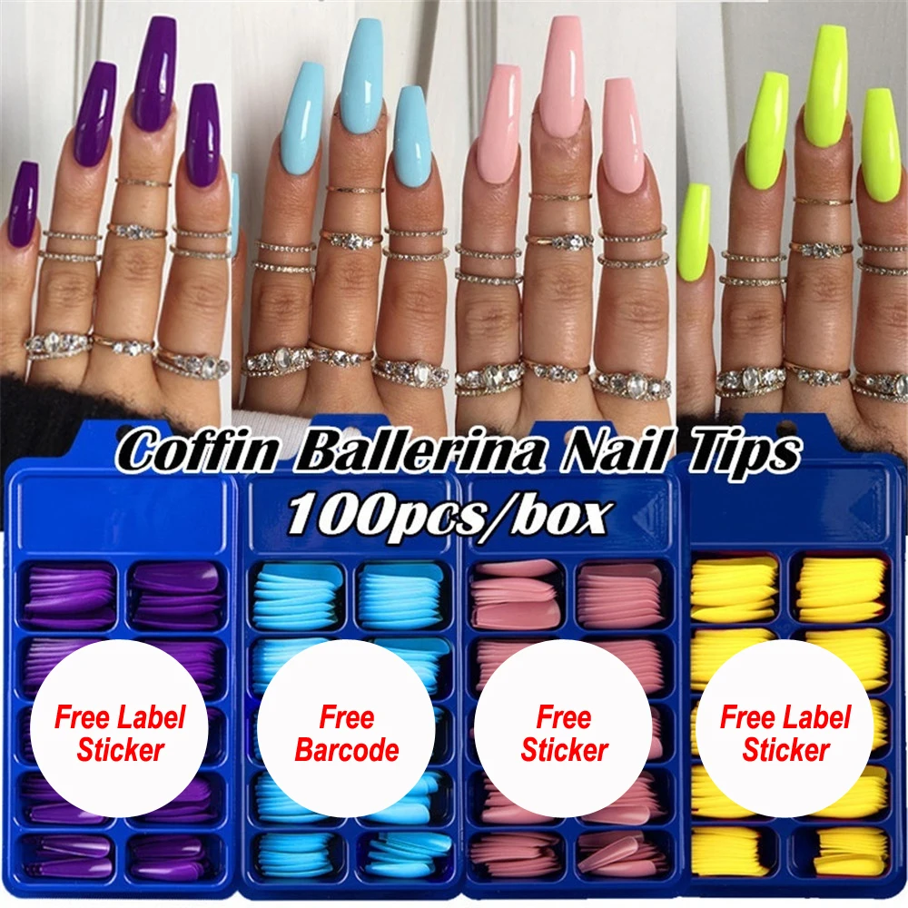 

100pcs/box Wholesale Long Coffin Press on Nails Candy Color Full Cover Acrylic Nail Tips Ballerina Fake Nails Accessories NAF009