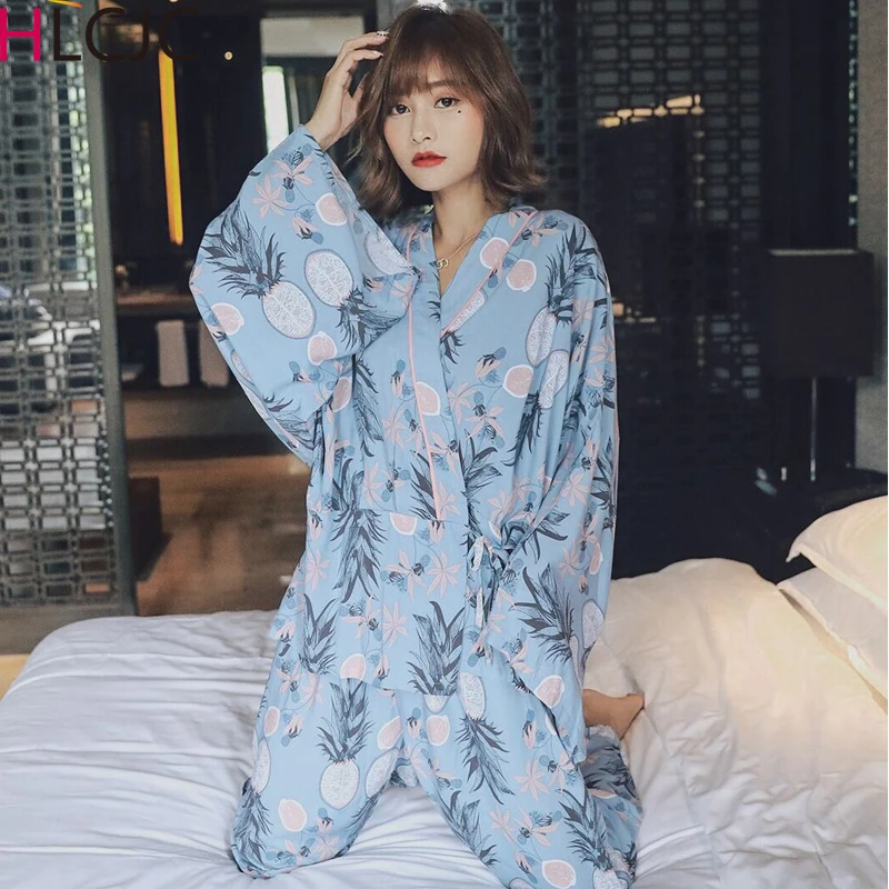 Женский пижамный комплект с ананасовым принтом кимоно длинным рукавом пижама из