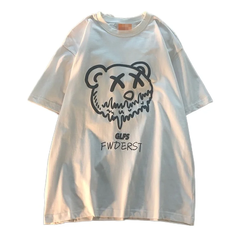 

White Cartoon Bear Print Short-Sleeved T-Shirt Y2K Tops Women Summer Cotton Korean Fashion Plus Size Harajuku Kawaii Graphic Tee