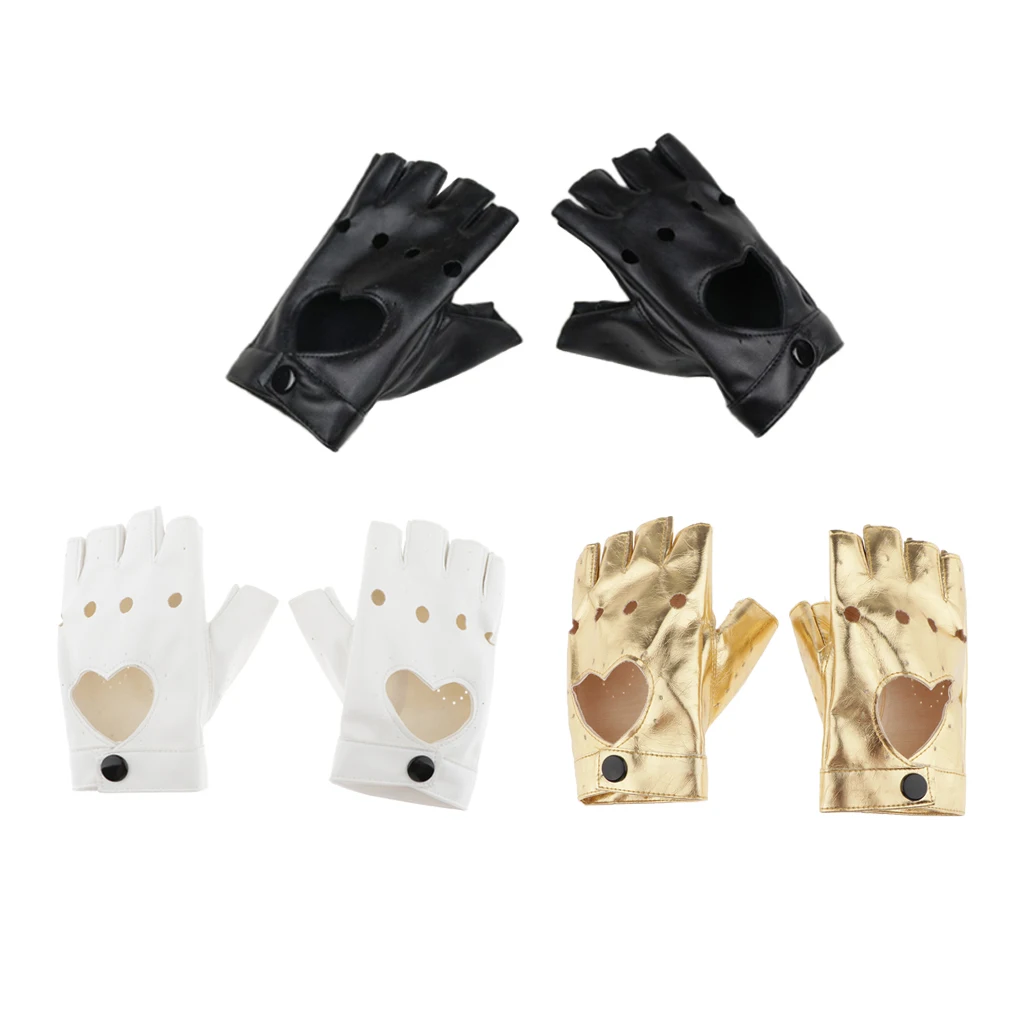 

Fashion Half Finger Gloves Decorated with Hollow Holes and Heart Design Punk Rock Dancing Leather Mitten for Women
