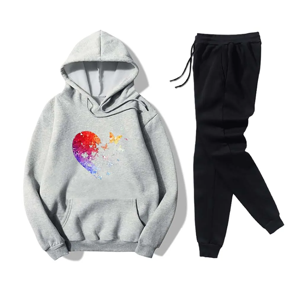 

Heart Butterfly Printed Women Tractsuit Fitness Big Pocket Hooded Pullover Drawstring Long Pants Casual Sweatshirt Set