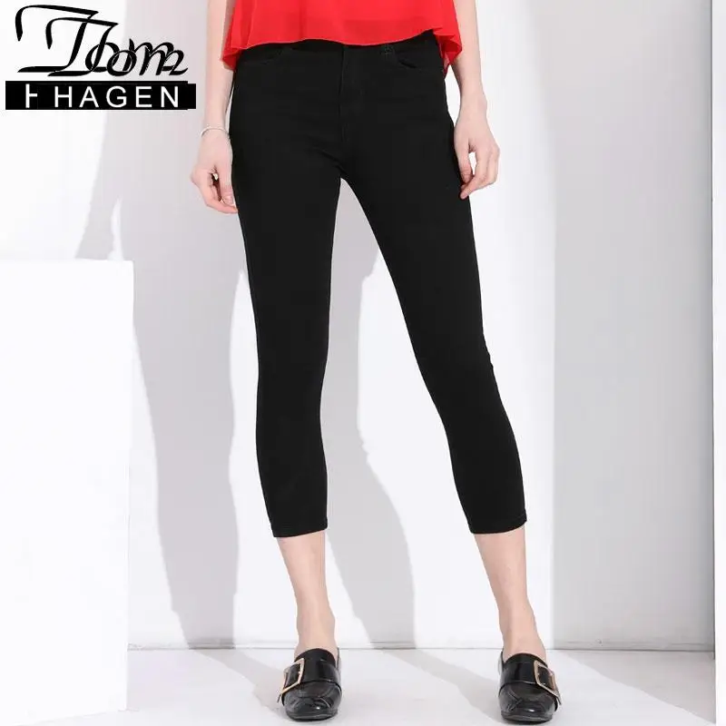 Женские джинсы карандаш Tom Hagen черные Стрейчевые узкие брюки Капри до щиколотки