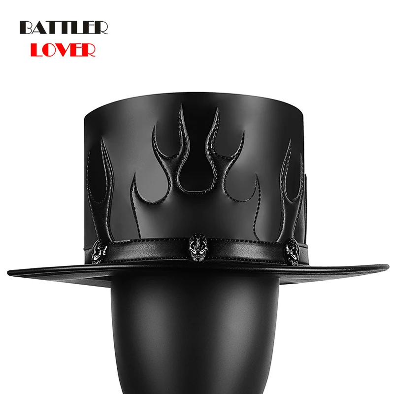 

2021 Steampunk Flame Hat Adult Black Riveted PU Leather Halloween Plague Doctor Flat Hat Steampunk Gothic Cosplay Costume Props