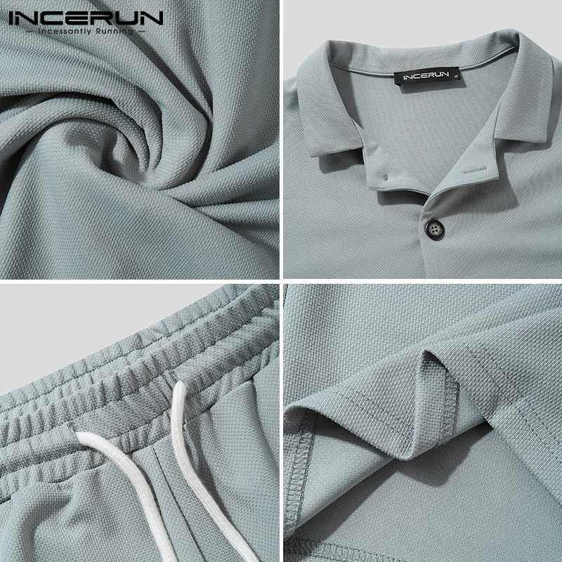 

2021 Fashion Men Sets Solid Color Short Sleeve Button Shirt Drawstring Shorts Streetwear Workout Men Casual Suits INCERUN S-5XL