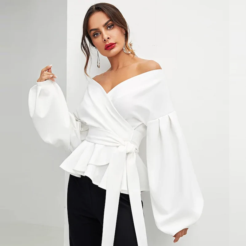 0296 White iClosam Elegant White Blouses Office Ladies Lantern Sleeve Blouse Solid Color Autumn Sexy Black Women Tops - Цвет: 0296 White