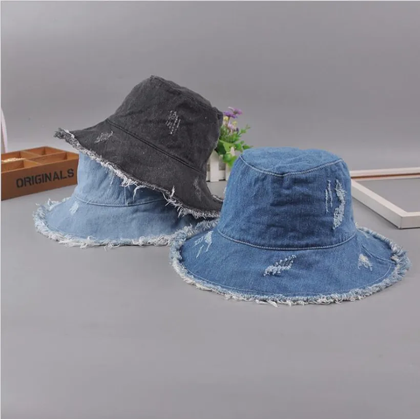 

foldable denim bucket hat womens blue jean sun hats with frayed brim fisherman cap mens washed cowboy hat summer bob hats