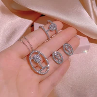 925 womens three piece fashion oval shape geometric earrings necklace ring aaaa shiny zircon bridal jewelry set