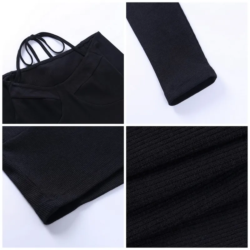 

Autumn Rib Knitted Off Shoulder T-shirts Women Backless Long Sleeve Tops Black Sexy Bandage Streetwear Shirts Tee