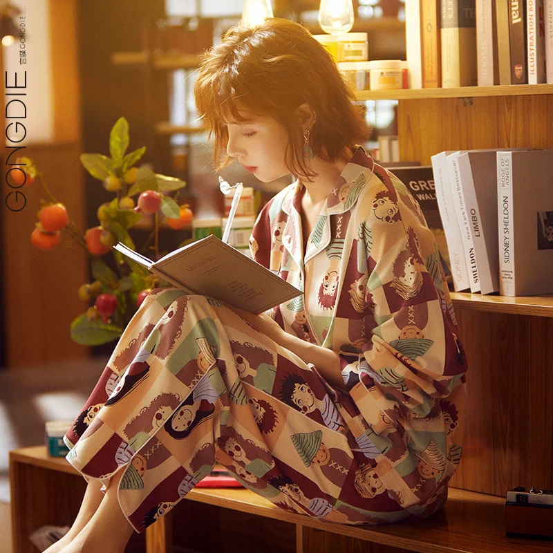 

Пижама Gong Die с длинными рукавами, Женский весенне-осенний хлопковый тонкий костюм из двух предметов, домашняя одежда для студентов с милым м...