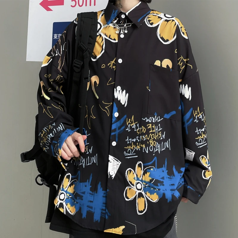 

Retro Dark Trend Graffiti Print Men and Women's Shirts Long Sleeve Harajuku Streetwear Clothing Hip Hop Oversize Women's Blouse