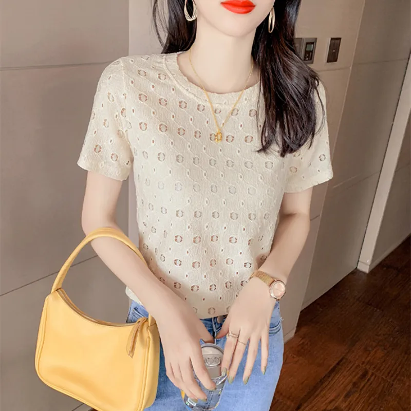 

Summer Clothes Lace T-Shirt Fashion Solid Sexy Hollow Out Women Tops Short Sleeve Casual All-Match Tees 2021