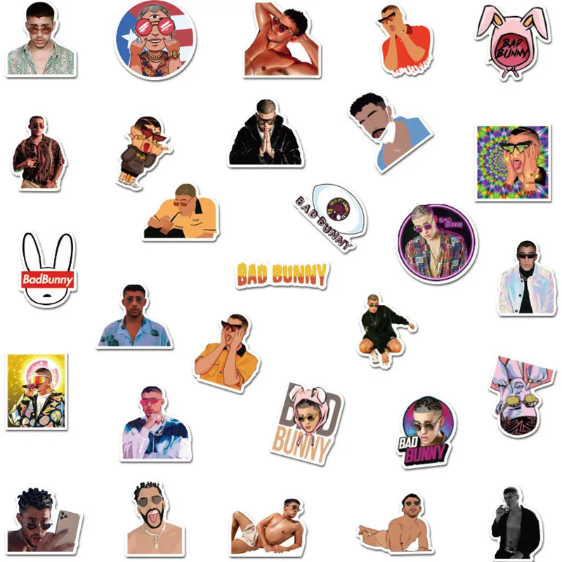 

50PCS Hot Sale Singers Bad Bunny Waterproof Stationery Pvc Sticker Skateboard Suitcase Guitar Luggage For Kid Toy DIY Sticker