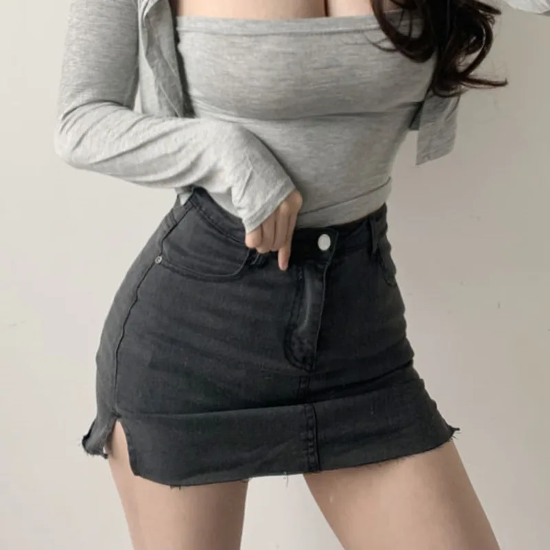 

WOMENGAGA Double Layer 2021 Summer New High Waist Elastic Thin Split Short Denim Skirt Sexy Fashion Women korean skirts W504