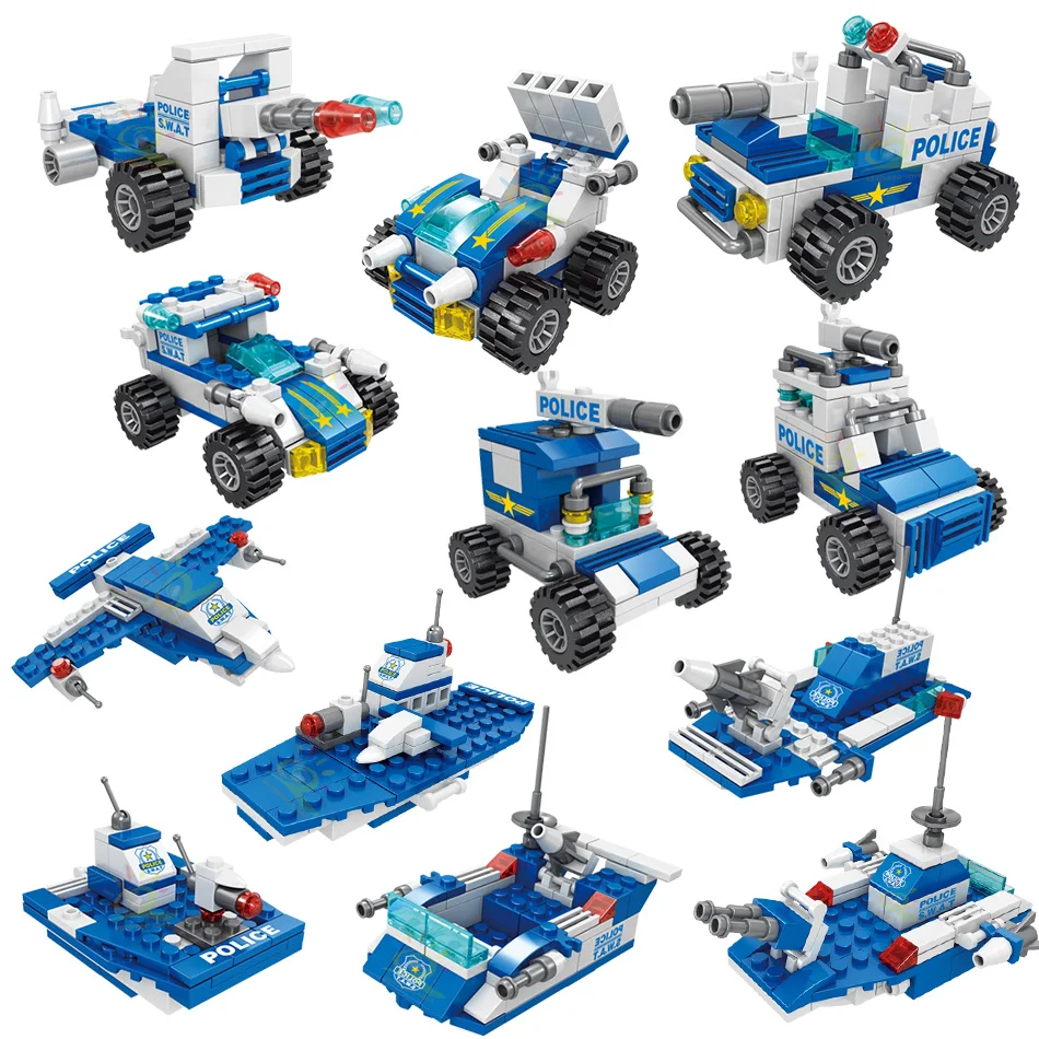 

700PCS 8in1 City Police Command Trucks Building Blocks Policeman Robot Car Helicopter Model Bricks Toys for Children