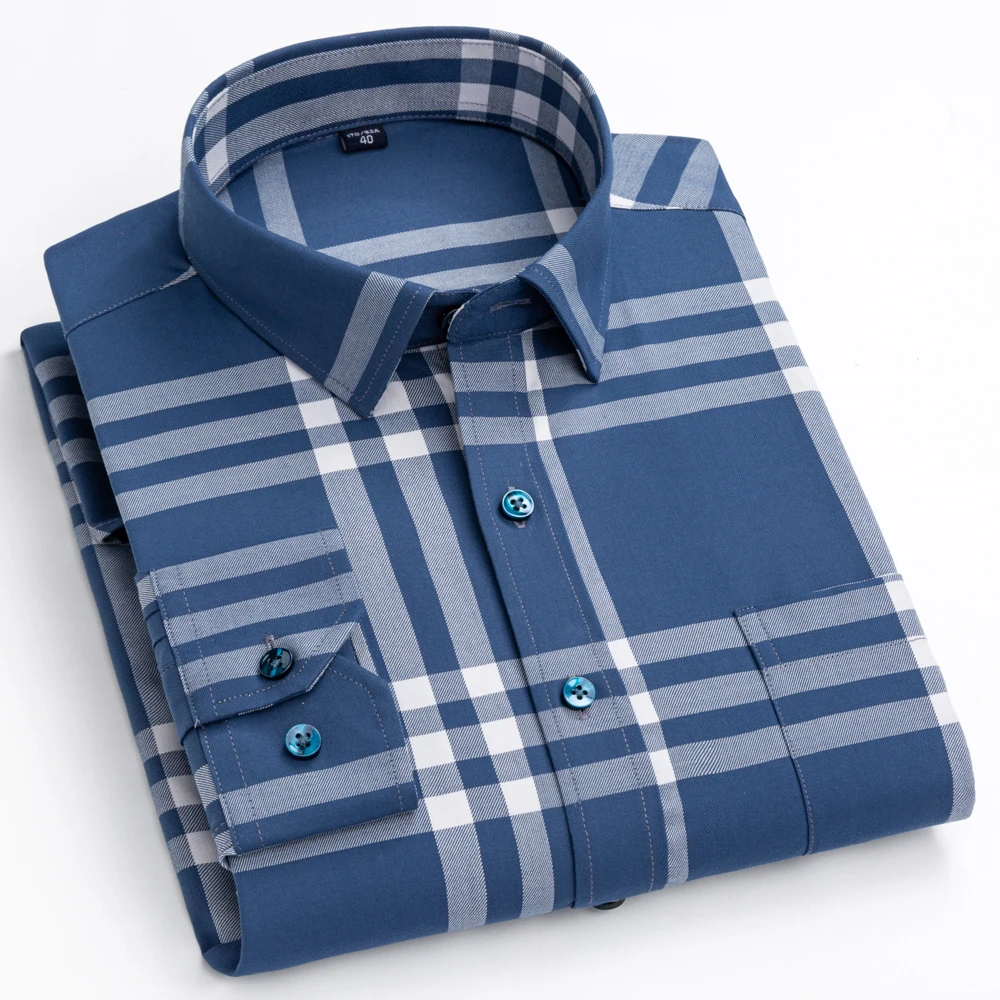 

Men's Casual Plaid Striped Stretchy Bamboo-fiber Shirts Single Chest Pocket Comfortable Standard-fit Long Sleeve Dress Shirt