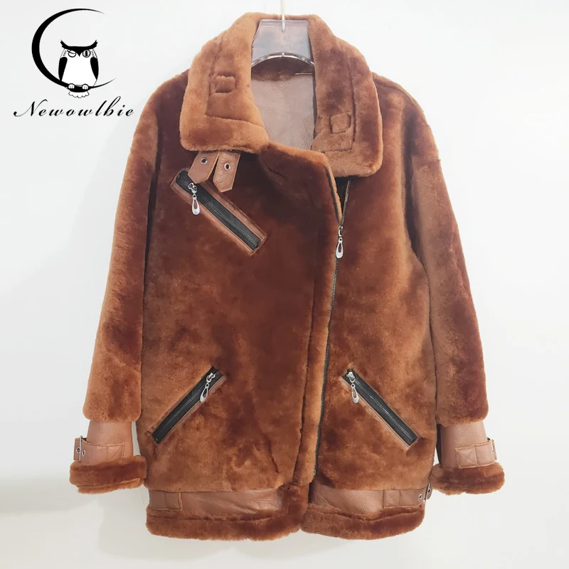 Women Autumn Winter Classic Bomber Jacket Warm Fashion Shearling Coat Sheepskin Jacket 70cm long  whole caramel sheepskin coat