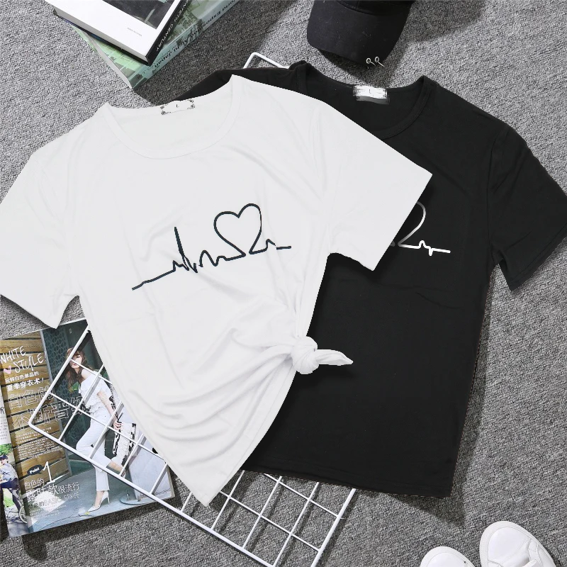 Summer Short Sleeve Female T Shirt O-neck Harajuku Love Printed Women T-shirts Casual Tee Tops Heartbeat Clothing | Женская одежда