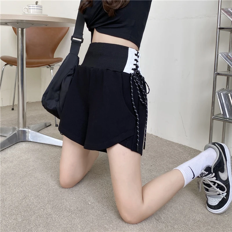 

SHENGPALAE Harajuku Contrast Color High Waist Shorts Women's Summer 2021 New Tie Rope Casual Slim Sports Shorts Female 5E7800