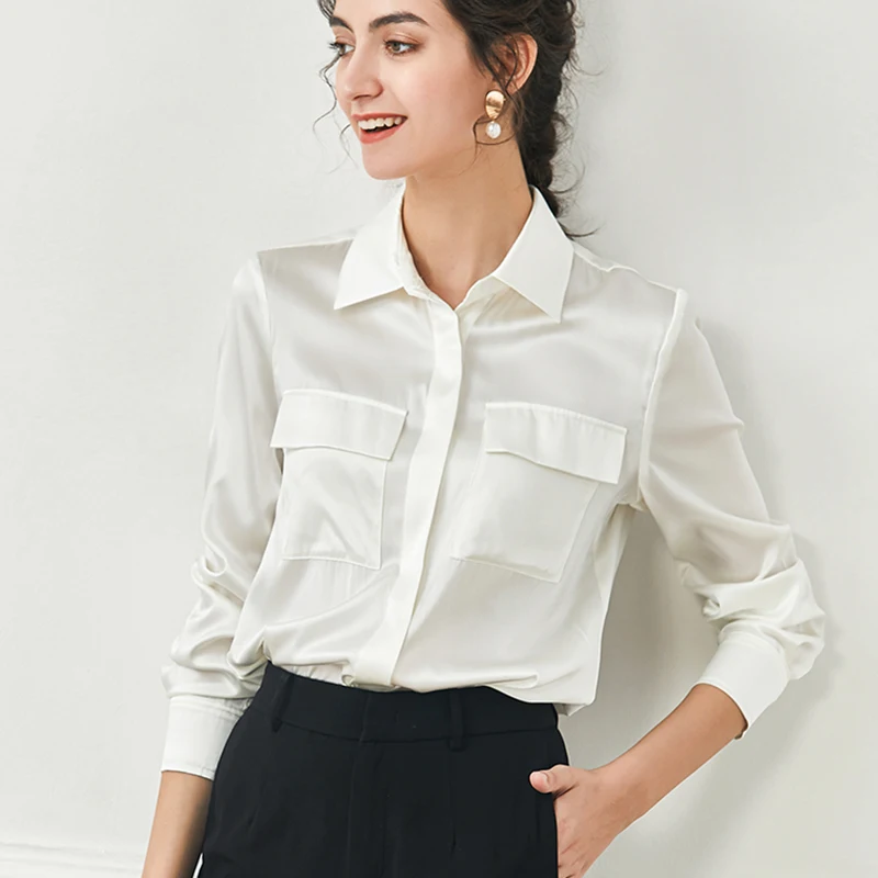 

100% Silk Women's Shirt Turn Down Collar Long Sleeves Front Pockets Fashion Casual Blouse Tops