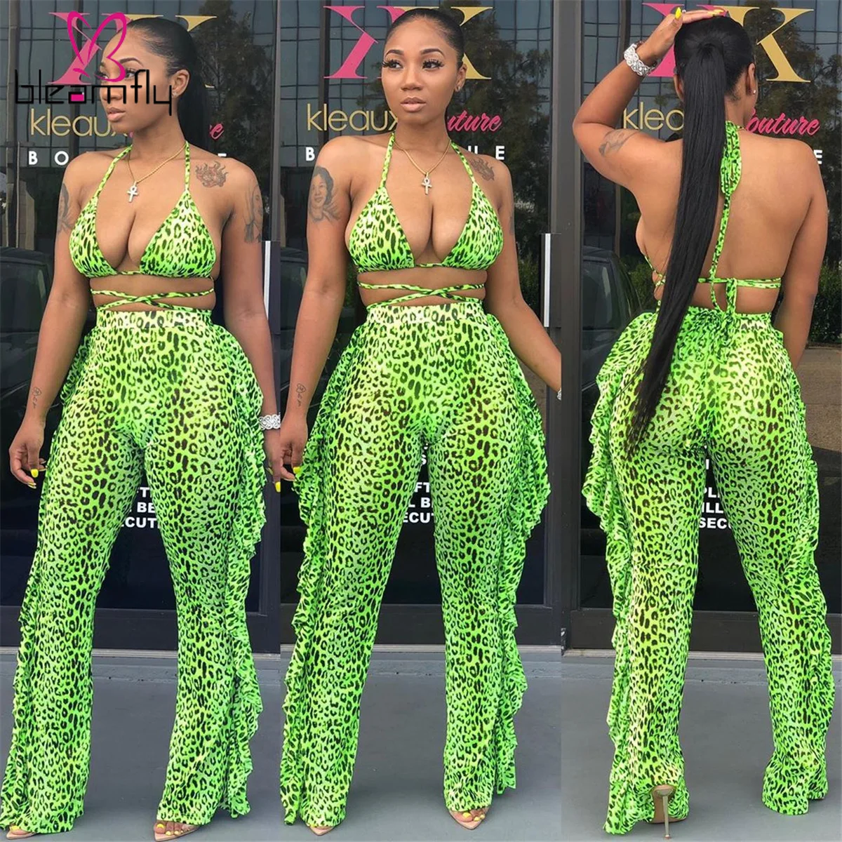 Женский леопардовый топ с v образным вырезом и открытой спиной + штаны оборками