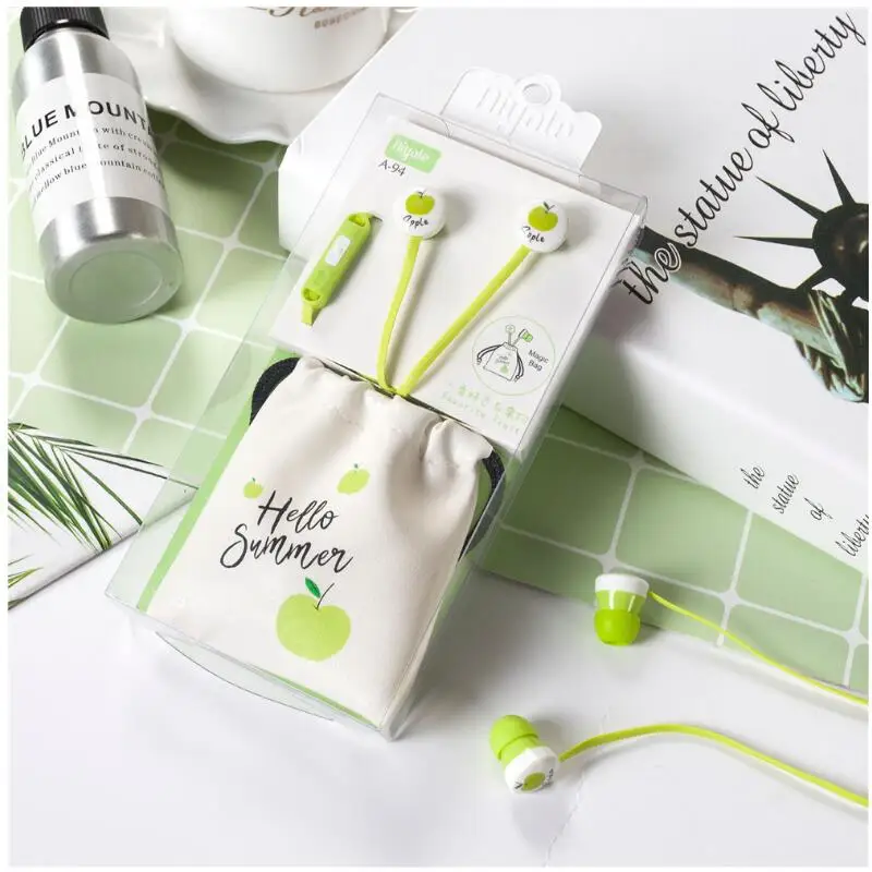 green Наушники с милыми мультяшными фруктовыми грушами, 3,5 мм, музыкальные затычки с микрофоном, с коробкой для хранения для Xiaomi iphone, MP3, подарок для девочек - Цвет: green