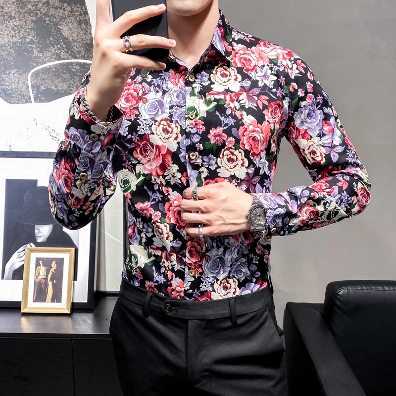 Shirts for Men 2021 Spring and Autumn New Men's Print Square Collar Single Breasted Slim Hip Hop Long Sleeve Men Shirts